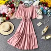 Einfarbig Oansatz Sommer Kleid Kurzarm Elastische Taille A-linie Rüschen Frauen Kleid Casual Knielangen Vestido femme 210521