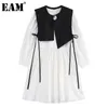 [EAM] Women Beige Ruffles Ribbon Elegant Dress Round Neck Long Sleeve Loose Fit Fashion Spring Autumn 1DD7857 21512