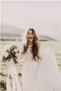 Bohemian 2021 Country Wedding Dresses with Sheer Long Sleeves Bateau Neck A Line Lace Applique Chiffon Boho Bridal Gowns Cheap pplique