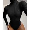 Tartaruga pescoço de malha um pedaço bodysuits romper manga comprida magro preto básico mulheres inverno roupas 210427