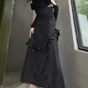女性のための黒いパッチワークビンテージスカートハイウエストの固体足首長さのスカート女性服ファッションスタイル210521