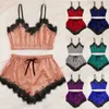 Lady Pajama Set Impresso Padrão Sleepwear Silk V Neck Sexy Pijama Mujer Cetim Night Casa Suits Wear Sem Mangas Top e Shorts Q0706