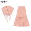 [DEAT] Summer Fashion Sleeveless V-neck Stripe Tops Knee-length A-line Skirts Women Two-piece Suit 13Q584 210527