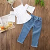 Retailwhole Girl Straps Torembroidered Jeans 2pcs Set Tracksuit Clothing sets Girls Tenits Children Designers Clothes 2322313
