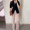Dames Sets Zomer Franse temperament V-hals Small-Breasted Puff Sleeve Sweater All-Match Straight Casual Pant Suit 210514
