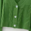 Avokado grön v-hals singel-breasted stick retro grovt twist kvinnlig cardigan koreansk stil enkel långärmad kvinnors tröja 210507