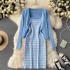 Neploe Autumn Suit V-neck All-match Knitted Cardigans Coat Sexy Chic Plaid Pattern Camis Dress Fashion Fresh 2 Piece Set 210423