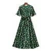 Yaz Vintage Yeşil Baskı Geri Kravat Şifon V Yaka Kısa Kollu Ince Uzun Midi Wrap Çay Elbise Rahat 2021 Q0712
