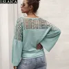 Długi rękaw Top Solid Color Kobiety Koszula V-Neck Koronki Patchwork Przeglądaj przez Przycisk Jesień Zima Kobieta Bluzka Vetements Femme 210515