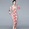 Elegante Dame Floral Print Gedrapeerde Schede Bodycon Mesh Jurk Party Festa Lente Runway Mode Vrouw Kleding Vierkant Sexy Vestidos 210601