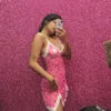 여성 레이스 업 체리 도트 프린트 섹시한 드레스 슬립 슬릿 귀여운 소녀 핑크 vestidos 민소매 v 넥 bodycon femme short mini 210412