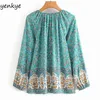 Vintage Floral Print Boho Bluzka Kobiety Lace Up O Neck Z Długim Rękawem Casual Lato Topy Plus Size Blusas DJF8698 210514