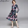 Lente Runway Hoge Kwaliteit Bow Hals Vintage Flora Print Party Jurk Vestidos Robe Femme Elegante Dot Print Midi Jurk 210529