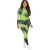 Ladies Tie-Dye Plaid Print Two Piece Set Streetwear Långärmad Tshirts + Skinny Legging Women's Sports Suit Fato de Treino Mulher 210604