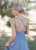 Abite per ospiti per matrimoni da damigella d'onore a-line con cinturini incrociati Vestido Festa de Casmento 2021 Dusty Blue Boho Junior Dammed Abites 0509