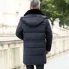 Zimowa gruba długa męska kurtka luksusowa wysokiej jakości futro kołnierz styl średniego wieku mężczyźni dorywczo ciepłe z kapturem Płaszcze 211104