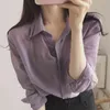 ミニマリストの穏やかな紫色のシャツの女性ラペルシングルブレスト薄いトップ春夏韓国フルスリーブプラスサイズのブラウス女性210412