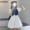 Ezgaga chique vrouwen jurk nep twee stuk bandage patchwork koreaanse mode zomer nieuwe A-lijn korte mouw slanke taille jurken 210430