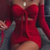 Feest sexy jurk vrouwen klassieke strapless holle lange mouwen zomer mode solide plooiende bandage jurken