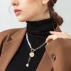 Delicate Imitation Pearl Coin Letter Pendant Necklaces Splicing Chunky Hollow Chain OT Lock Necklace For Women Jewelry