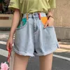 Sommer Farbe Shorts Frauen Kurze Hose Splice Geschmack Retro Damen Jean Ragged Side Wide Bein Trend Denim 210714