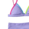 Dames Badmode Dames Effen Kleur Bikini Sets 2021 Zomer Streep Trim Driehoek Bra + Hoge Taille Thong Badpak Holiday Beach Badpak