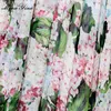 Diseñador de moda Vestidos de gasa de verano Arco de las mujeres Manga de la linterna Estampado floral Vacaciones Mujer Elegante Midi Vestido 210524