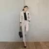 사무실 숙녀 2 2 조각 격자 무늬 싱글 버튼 재킷 블레이저 + 슬림 바지 정장 작업 착용 패션 복장 Femininas 여성의 tracksuits