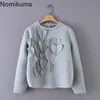Nomikuma Kobiety Bluza Koreański 3D Love Heart Pullover Jumper Causal Długi Rękaw O-Neck Zimowe Z Kapturze Feminimos 6D098 210427