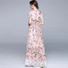女性の夏のドレス甘い花柄のプリントのレースのパッチワークシフォン長いビンテージレディースエレガントなハイウエストの休日のMaxi 210519