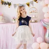 Vikita Lace Warstwowa sukienka dla dziewczyn Mesh Princess Birthday Party Dresses Girl Flare Sleeve Sukienka Dzieci Letnie Vestidos Q0716