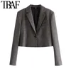 Women Fashion Cropped Check Blazer Coat Vintage Long Sleeve With Shoulder Pads Female Outerwear Chic Tops 210507