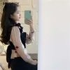 Kore Chic İlkbahar Yaz Kadın Üst Ruffled Yaka Polka Dot Nakış Çiçek Kadınsı Gömlek Zarif Muhteşem Bayan Bluz 210520