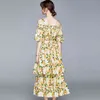 Runway Citroen Fruit Print Cascading Ruffles Cake Sundress Dames Zomer Off The Shoulder Boho Beach Spaghetti Strap Yellow Dress 210416