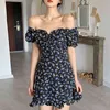 Mini abito floreale estivo coreano Donna Stampa blu con spalle scoperte Sexy manica a sbuffo vintage Donna es Vestidos 14586 210512