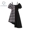 Sommar oregelbunden spliced ​​crop klänning kvinnor band Streetwear mode kortärmad goth retro klänningar slim y2k vestidos mujer 210417