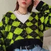 Vintage Argyle Dzianiny Cardigans Kobiety Swetry Kawaii Mohair Zimowe Koreańskie Ubrania 210521