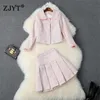 Val winter twee stukken outfit vrouwen mode ontwerper zoete ruche roze tweed wollen jas en mini rok pak sets 210601