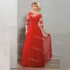 Three Quare Lace Sleeve Mother Of The Bride Dresses Sheer Neck A Line Full Length Long Red Prom Dress 2021 Elegant Women Maxi robes de mariee princesse Vestidos Largo