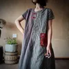Johnature Women Patchwork Dress Casual O-Neck Plaid Krótki Rękaw Summer Pościel Vintage Pakiet Fake 2 Sztuk Suknie 210521