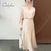 Spring Autumn Women Silk Satin Long Sleeve Tunic Elegant Sginy Party Midi Dress 210415