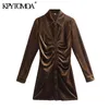 KPYTOMOA Femmes 2021 Chic Mode Plissé Velours Mini DrVintage Manches Longues Boutonné Robes Féminines Robes Mujer X0529