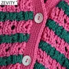 Zevity Women Fashion V Neck Color Matching Randig Print Hollow Out Crochet Sticked tröja Female Chic Cardigans Tops SW801 210917