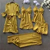 JULY'S SONG 5 Pieces Women Pajamas Sets Elegant Sexy Lace Faux Silk Sleepwear Woman Stain Spring Summer Autumn Robe Homewear 210831