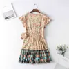 Women Bohemian Cross V neck Floral Print Wrap Dress Holiday Short sleeve Tie Bow Waist Split Slim Fit Dresses 210429