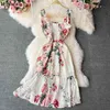 Chiffon Frau Kleid Floral Süße Sommer Robe Mode V-ausschnitt Backless Strap Kleider Vintage Temperament Vestidos 210519