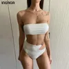 Ingaga bandeau bikinis höga midja kvinnor baddräkter ribbed baddräkt klippa ut Biquini sexiga kedja baddräkter bikini set 210722