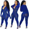 Macacões de manga comprida para mulheres projetar macacão roupas cor sólida sexy v-pescoço zíper malha romper plus size club bodysuits