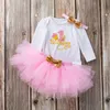 Babykleding sets meisjes pailletten boog hoofdband brief Lange mouw romper tutu kanten rokken 3 stks / set boutique pasgeboren verjaardagsfeest outfits M3558