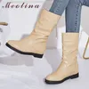 Meotina Winter Mid Calf Boots Women Boots PU Leather Pearl Height Increasing Boots Pleated Round Toe Shoes Lady Fall Size 33-43 210608